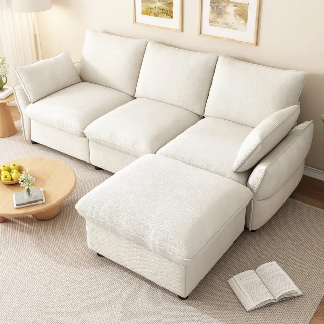 DESMIU Hoekbank 222,5 X 154,5 X 76,5 Cm - 3-Zits Met Voetenbank En 2 Kussens - Voor Woonkamer En Appartement - Chenille - Beige