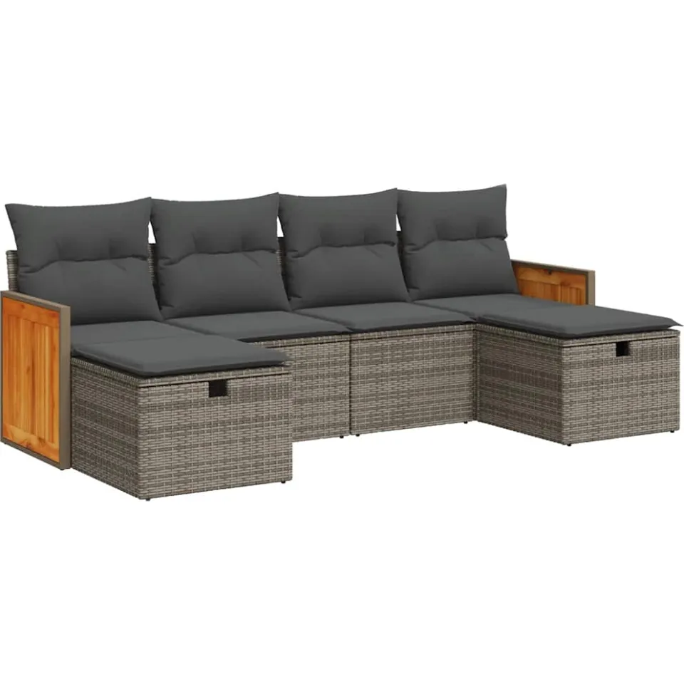 vidaXL 6-delige Loungeset met kussens poly rattan grijs, foto 3