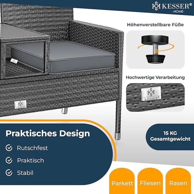 Laura Tuinbank met Geïntegreerde Tafel 133x55x84 cm – Polyrotan 2-Zits Balkonbank met Kussens, Weerbestendig & UV-Bestendig – Antraciet Modern Design – Laura