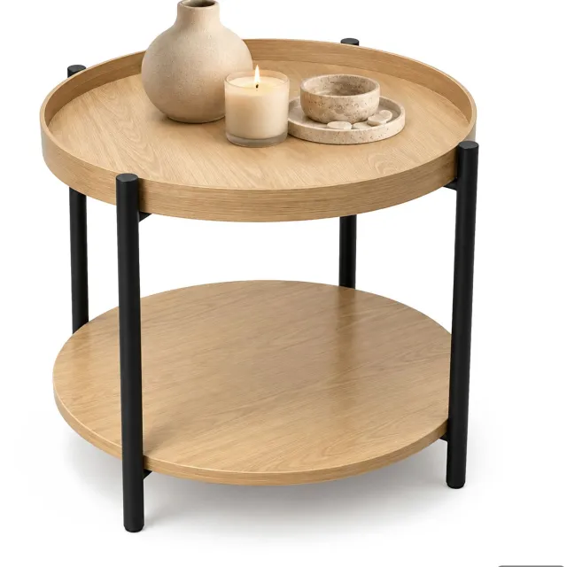 Akord Salontafel RIVA / Natuurlijke Houtlook / 51 cm / Rond / Plank / Zwarte Poten / Industriële Stijl / 51 x 51 x 40 cm Naturel hout en zwart