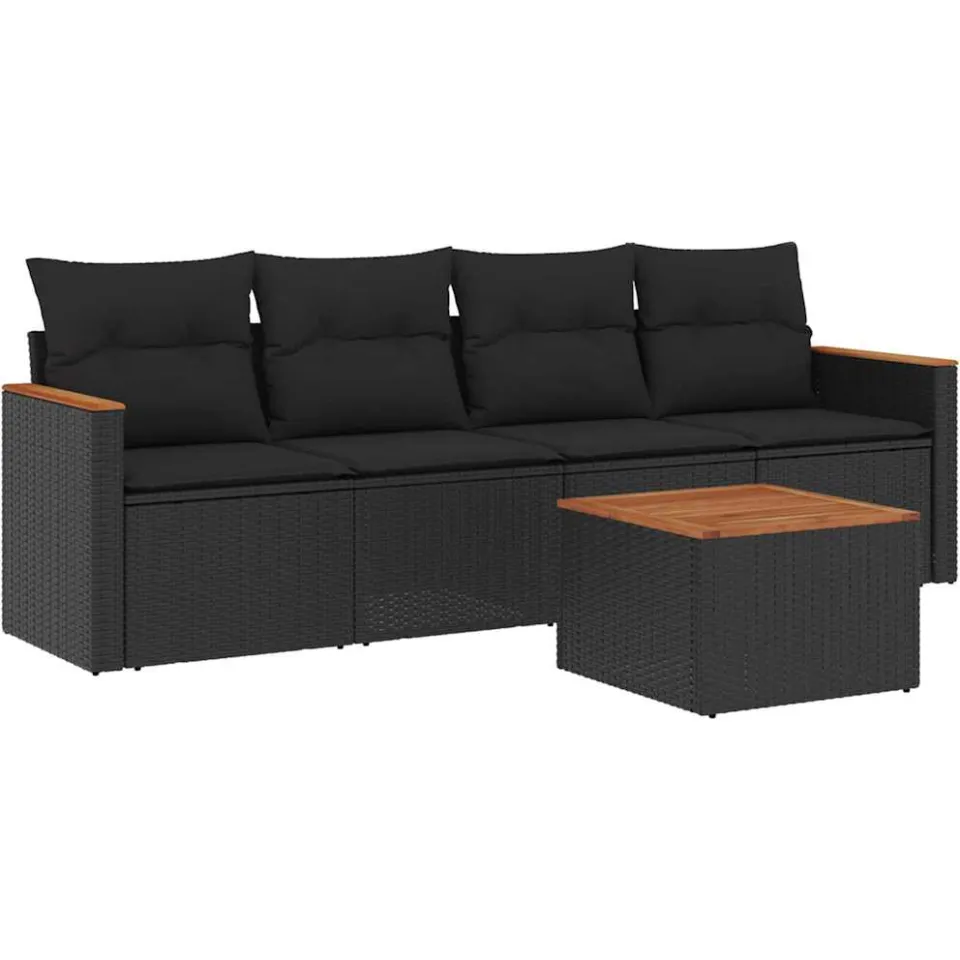 vidaXL 5-delige Loungeset met kussens poly rattan zwart, foto 3
