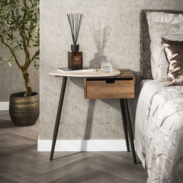 Alaska Travino - Nachtkastje - 1 lade links - 3D keramiek travertin - 60 x 35 x 60 cm Beige