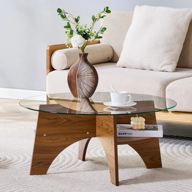 MEUNIQ Ronde bijzettafel Ø 80 cm, 36 cm hoog, met transparant veiligheidsglas en MDF onderstel in walnootlook – moderne tafel voor woonkamer