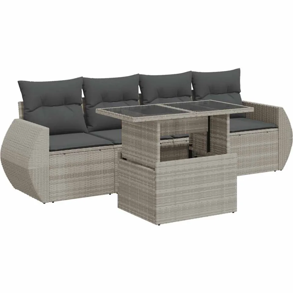 vidaXL 5-delige Loungeset met kussens poly rattan lichtgrijs grijs, foto 3