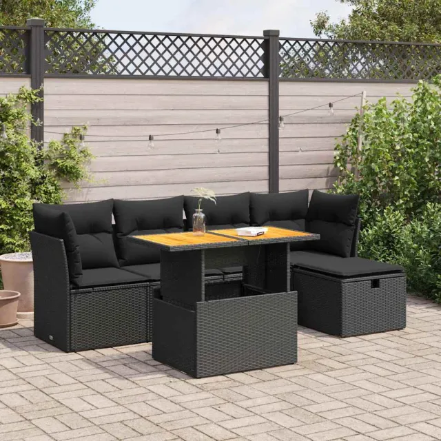 vidaXL 6-delige Loungeset met kussens poly rattan acacia zwart, foto 2