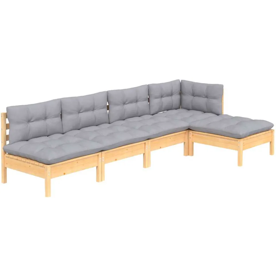 vidaXL 5-delige Loungeset met grijze kussens grenenhout grijs