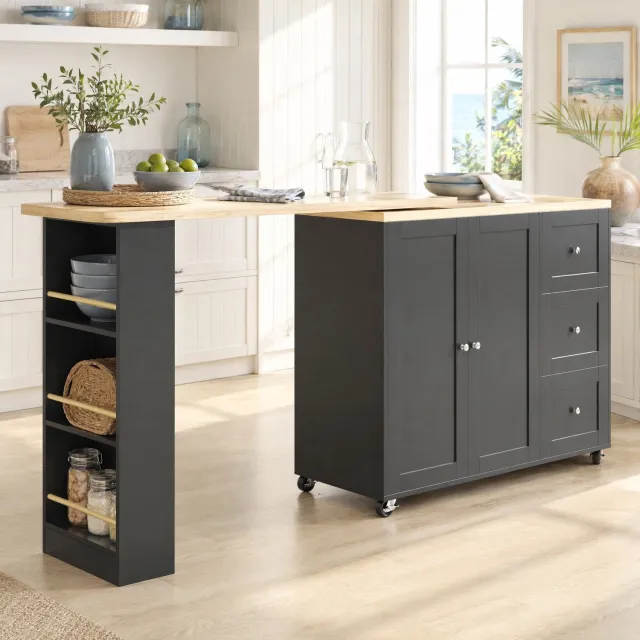 Maisentiel Verrijdbare bartafel met opbergruimte - 360° draaibaar - 135-203 x 39 x 106 cm - zwart