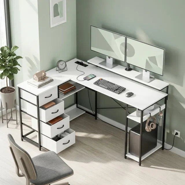 MUVANO Omkeerbaar hoekbureau van 155 cm - L-vormig bureau - 4 stoffen lades - Monitorverhoger - Stopcontacten en usb-poorten - Voor thuiswerken - Wit en zwart