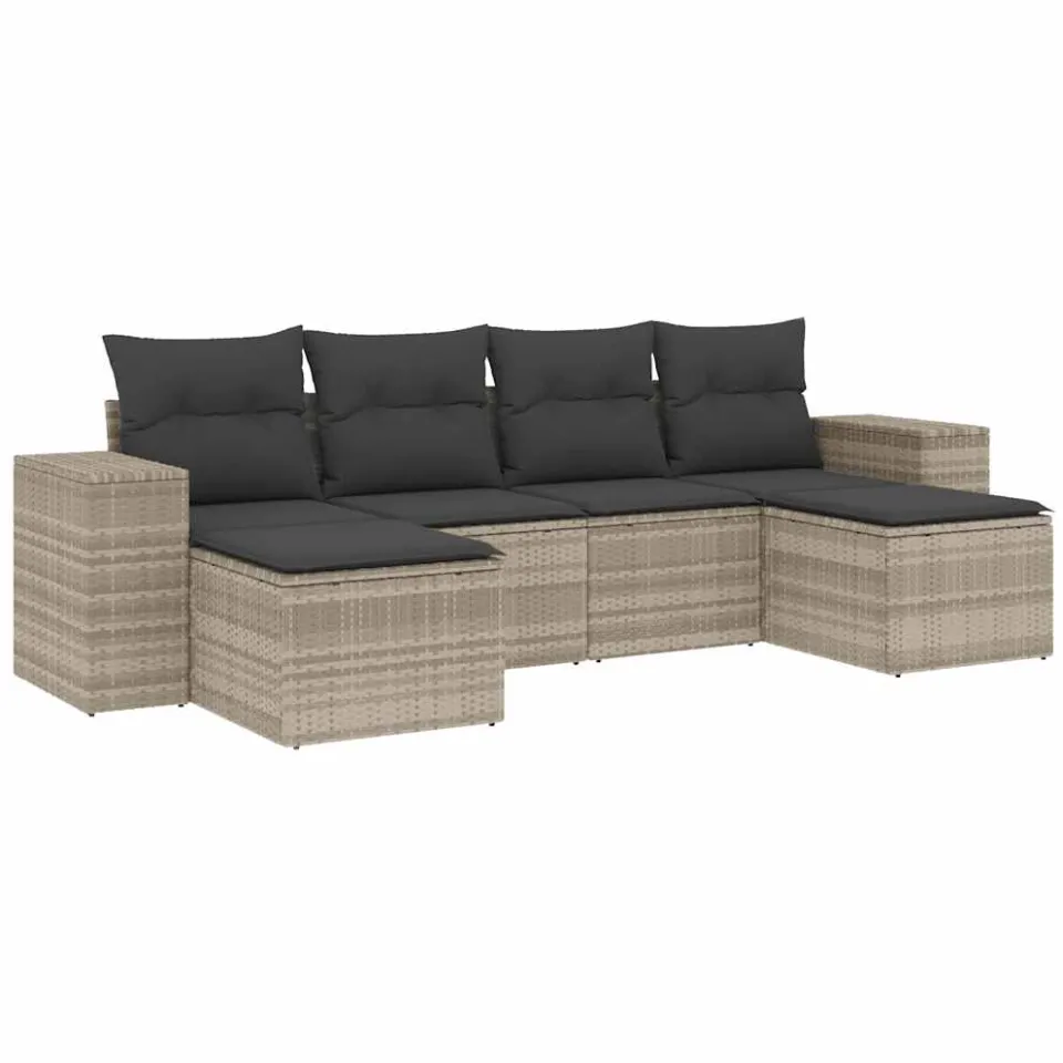 vidaXL 6-delige Loungeset met kussens poly rattan lichtgrijs grijs, foto 3