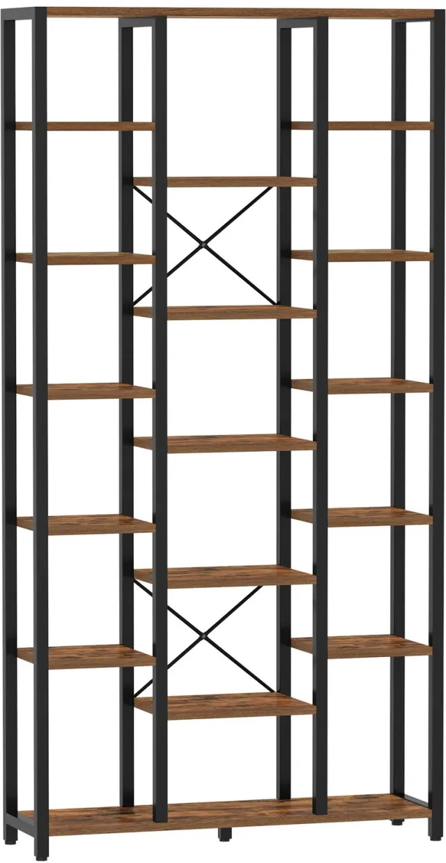 PRIMO HOME Prime Home Boekenkast - Vitrine kast - Boekenrek - Opbergplank - 6 lagen - 18 planken - Verstelbare open planken - Hout - 100 x 30 x 202cm - Vintage Bruin-zwart