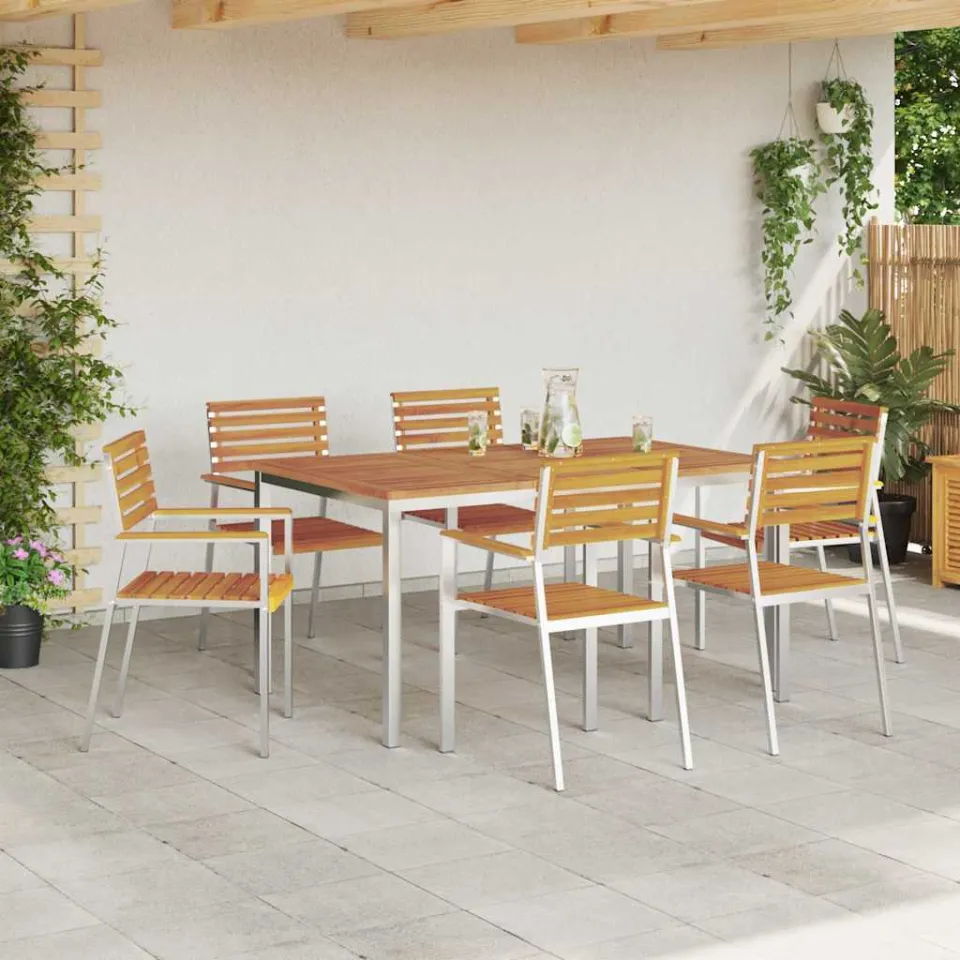 vidaXL Tuin eettafelset 7 st Massief acaciahout en roestvrij staal, foto 3