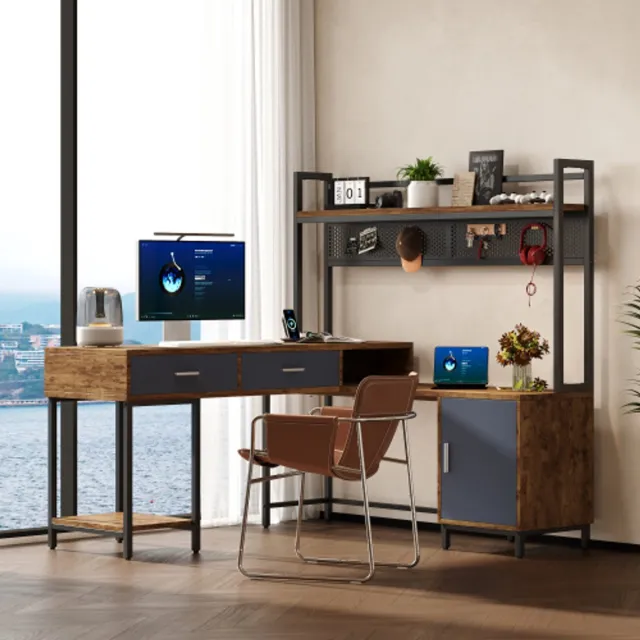 Zubaliya L-Vormig Industrieel Bureau 140x140 cm met Opbergkast – Hoekbureau met Soft-Close Deur en 2 Laden – Zwart en Houtlook Natuurlijk Hout + Diepzwart