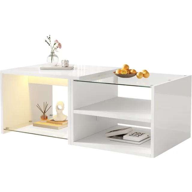 MIVRAY Salontafel - Hoogglans Met Ledverlichting En Glazen Bladen - Open Opbergruimte Voor De Woonkamer - Spaanplaat - 100x50x38 Cm - Wit