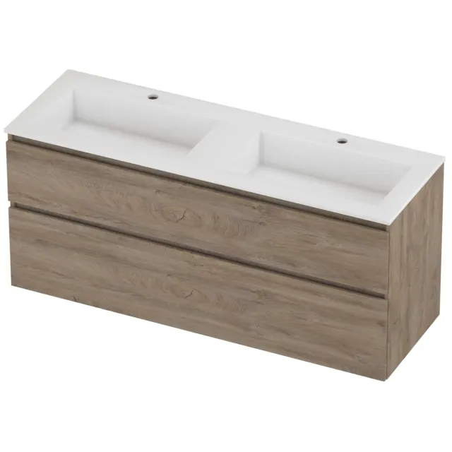 Proline Aristo Badmeubelset Polystone Elegant Dubbel 140x46x62 cm Glans Wit Raw Oak Eiken