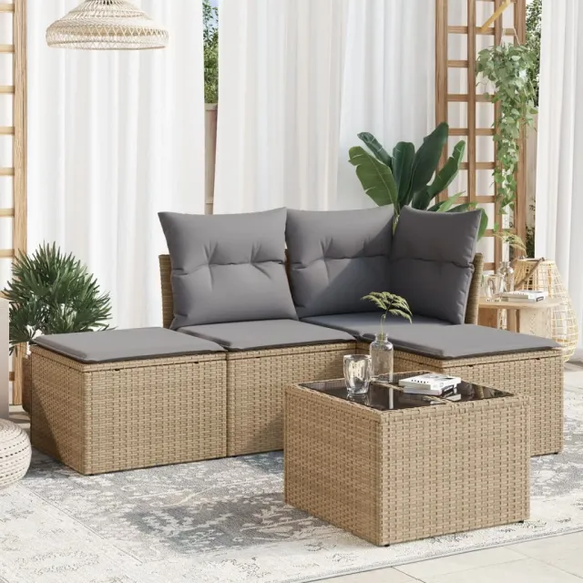 vidaXL 5-delige Loungeset met kussens poly rattan beige, foto 2
