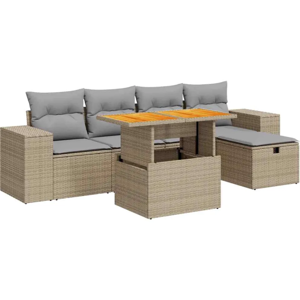vidaXL 6-delige Loungeset met kussens poly rattan acacia beige, foto 3