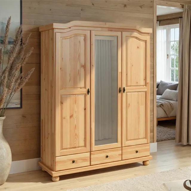 Inter Link SAS Kledingkast Kappl – Massief grenenhout naturel – 3 deuren, spiegel en 3 lades – 150 cm breed bruin