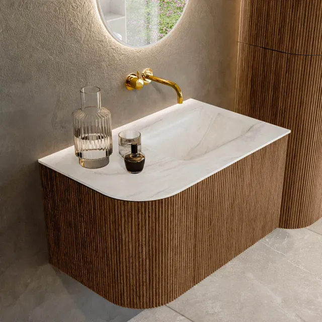 Mondiaz KURVE-DLUX 75 cm Onderkast Greeploos 1 Lade Met Deuren Walnut, Wastafel Solid Surface Rechts Ostra 0 Kraangaten Zonder Spiegel (KRVGRU75L1L1D0KR-Wal/Ost)