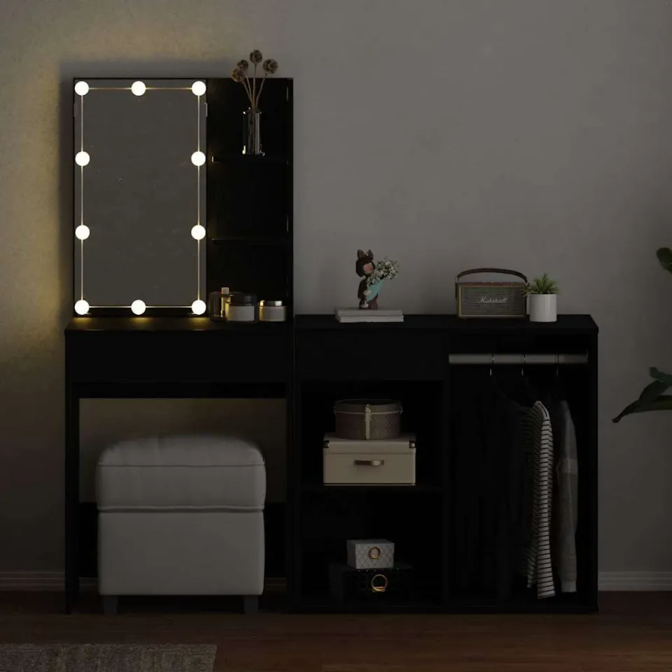 vidaXL LED Make-up Tafel Set Zwart Eiken 140 x 40 x 140 cm, foto 4