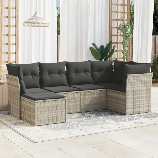 vidaXL 6-delige Loungeset met kussens poly rattan lichtgrijs grijs, foto 2