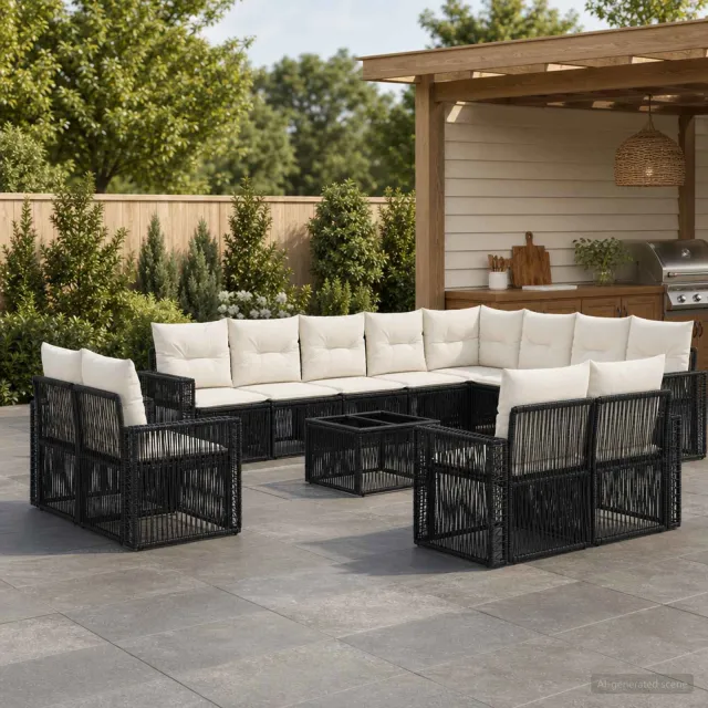 vidaXL Tuinbankenset 13 st 12-zits Zwart en Cream Wit poly rattan, foto 2