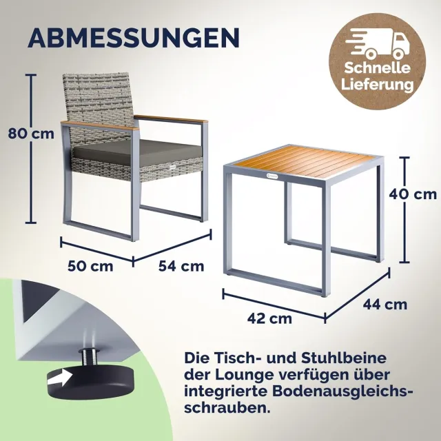 Laura Balkon Lounge Set 2 Personen 80x54x50 cm – Weerbestendig Polyrotan Tuinmeubelen met Acaciahouten Tafel en Comfortabele Stoelkussens – Verstelbaar & Modern Design – Laura Grijs Acacia