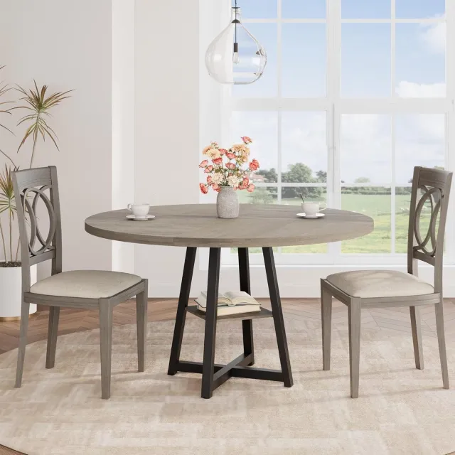 HOERFURIY Ronde eettafel van 47 inch – Grote keukentafel voor 4 tot 6 personen – Industriële eettafel met houten blad en metalen onderstel voor de eetkamer of woonkamer –Grils