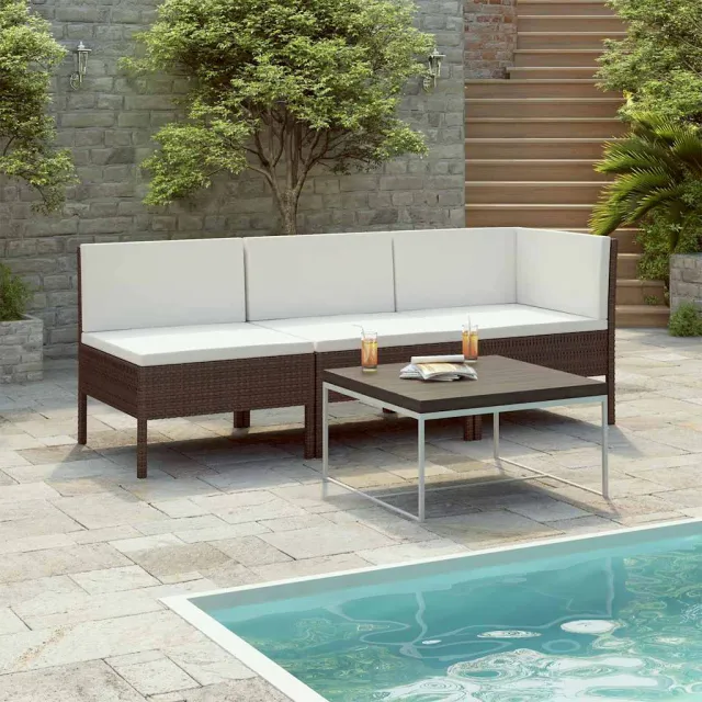 vidaXL 3-delige Loungeset met kussens poly rattan bruin, foto 2