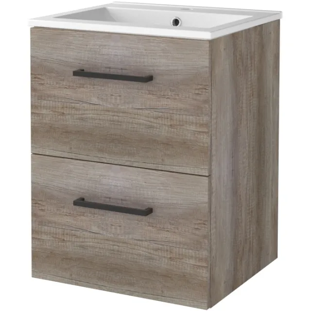 Boss & Wessing Badmeubelset BWS Salt 50x46cm Met Grepen 2 Lades Met Wastafel 1 Kraangat Scotch Oak Bruin
