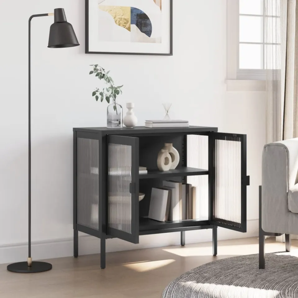 vidaXL Dressoir 70x35x70 cm glas en staal zwart, foto 3