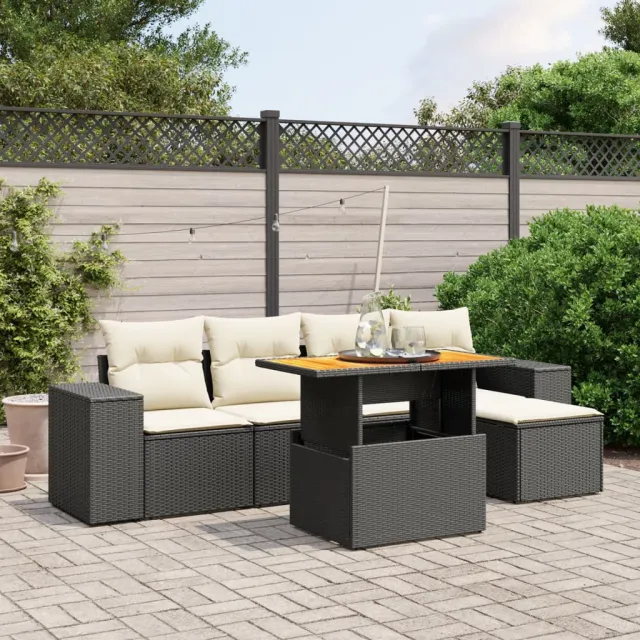 vidaXL 6-delige Loungeset met kussens poly rattan zwart, foto 2