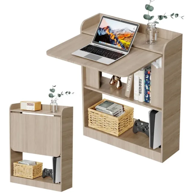 Noventra Inklapbaar Bureau - Ruimtebesparend Wandbureau met Opbergruimte en Legplanken - Compact Laptopbureau voor Kleine Ruimtes, Slaapkamer en Thuiskantoor - Licht Eiken