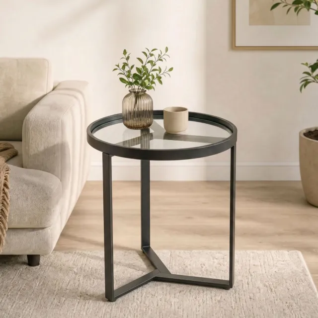 MEUNIQ ronde bijzettafel Ø 45 cm met gehard glazen tafelblad en geometrisch metalen frame, zwart, voor woonkamer of slaapkamer