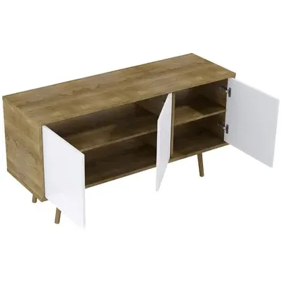 Royo Wastafelonderkast Woody 140cm - Wit / Natuur Eik Glanzend - Met 3 Deuren, foto 3