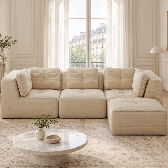 WUVRIE Modulaire hoekbank 297x177 cm - 3-zits met ottomane in ribfluweel - Beige