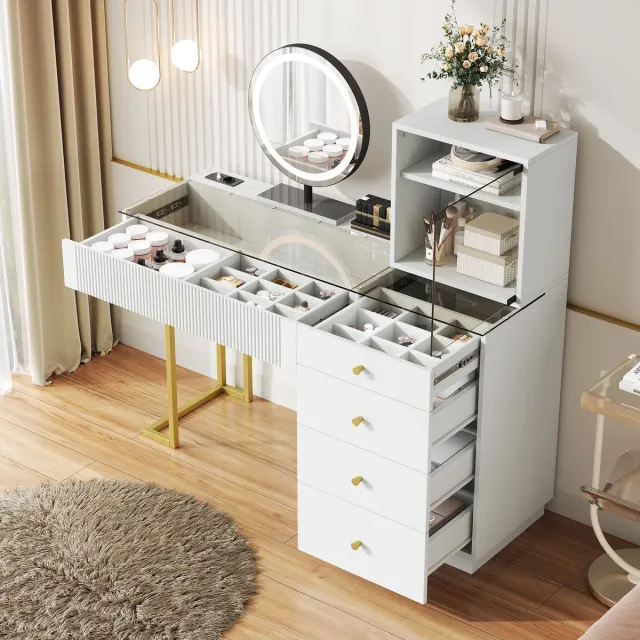 Zubaliya Kaptafel met LED-spiegel, glazen blad en 5 lades - wit - 120 x 40 x 120 cm