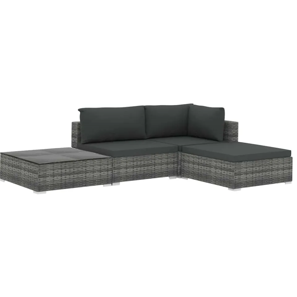 vidaXL 4-delige Loungeset met kussens poly rattan grijs, foto 4