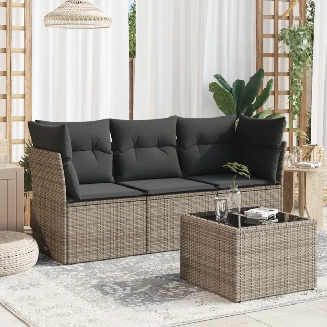 vidaXL 4-delige Loungeset met kussens poly rattan grijs, foto 2