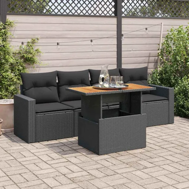 vidaXL 5-delige Loungeset met kussens poly rattan zwart, foto 2