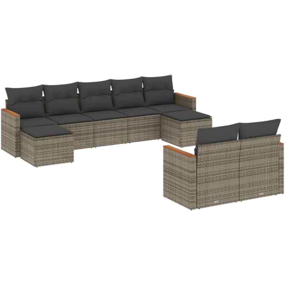 vidaXL 9-delige Loungeset met kussens poly rattan grijs, foto 3
