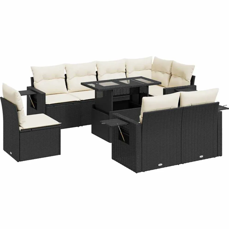 vidaXL 9-delige Loungeset met kussens poly rattan zwart, foto 3