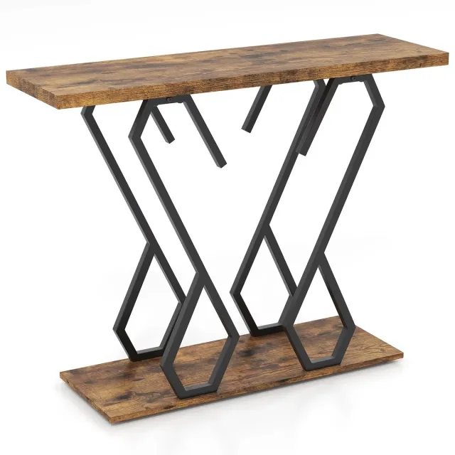 JOYNEXTBUY Consoletafel - Smalle Haltafel met Houtlook Blad & Metalen Frame - Tafel voor Hal, Woonkamer & Entree - Industrieel Bruin | Zwart