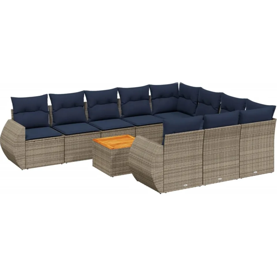 vidaXL 11-delige tuinbankset met kussens, grijs polyrotan