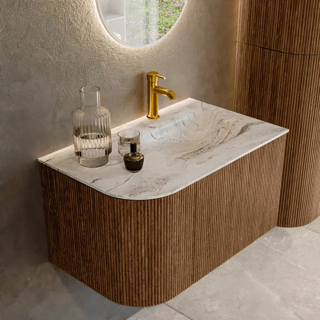 Mondiaz KURVE-DLUX 75 cm Onderkast Greeploos 1 Lade Met Deuren Walnut, Wastafel Solid Surface Rechts Glace 1 Kraangat Zonder Spiegel (KRVGRU75L1L1D1KR-Wal/Gla)