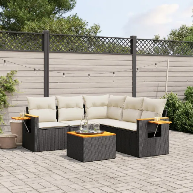 vidaXL 6-delige Loungeset met kussens poly rattan zwart, foto 2