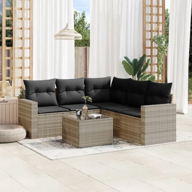 vidaXL 6-delige Loungeset met kussens poly rattan lichtgrijs grijs, foto 2