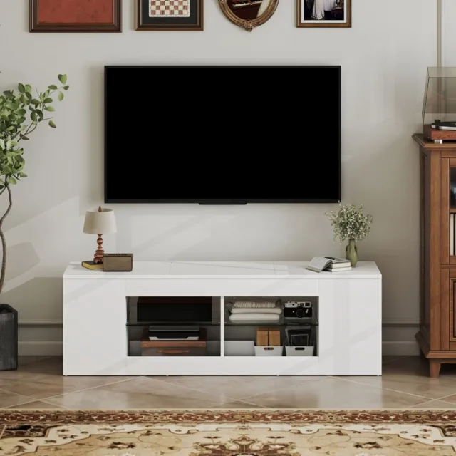 DESMIU TV Meubel - 140 Cm TV Kast Met 6 Vakken En 2 Glazen Planken - Voor Woonkamer En Entertainment - Spaanplaat - Wit - 140x35x42,5 Cm