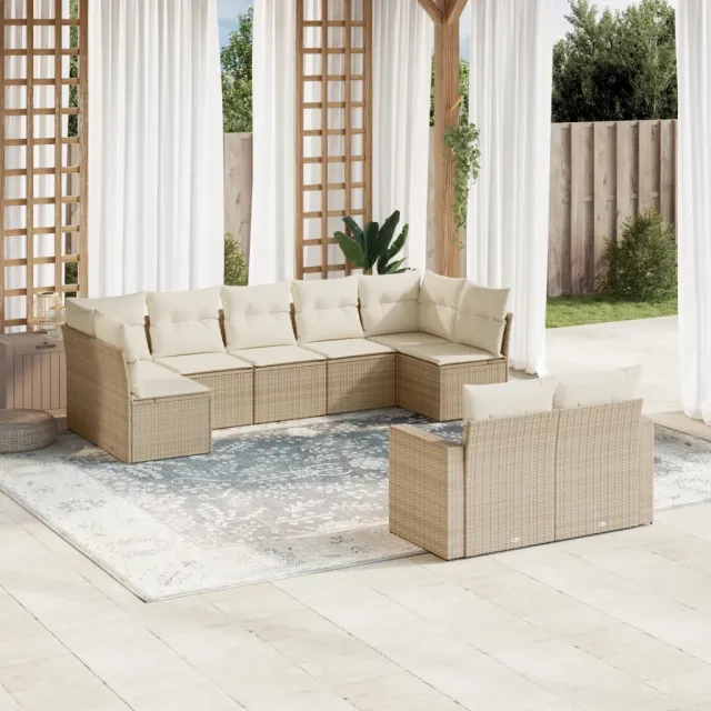 vidaXL 9-delige Loungeset met kussens poly rattan beige, foto 2