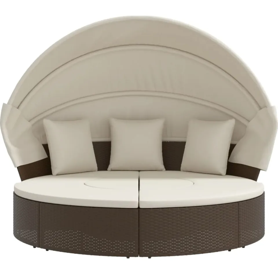 vidaXL Loungebed met luifel en kussens poly rattan bruin