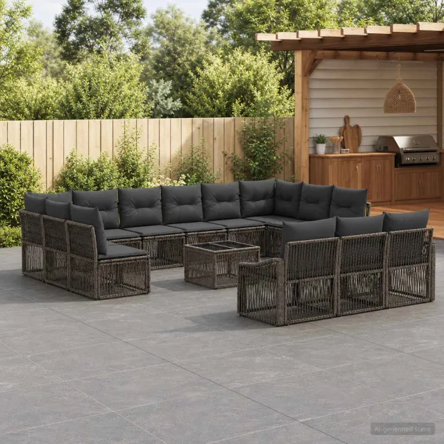 vidaXL Tuinbankenset 14 st 13-zits Grijs poly rattan, foto 2